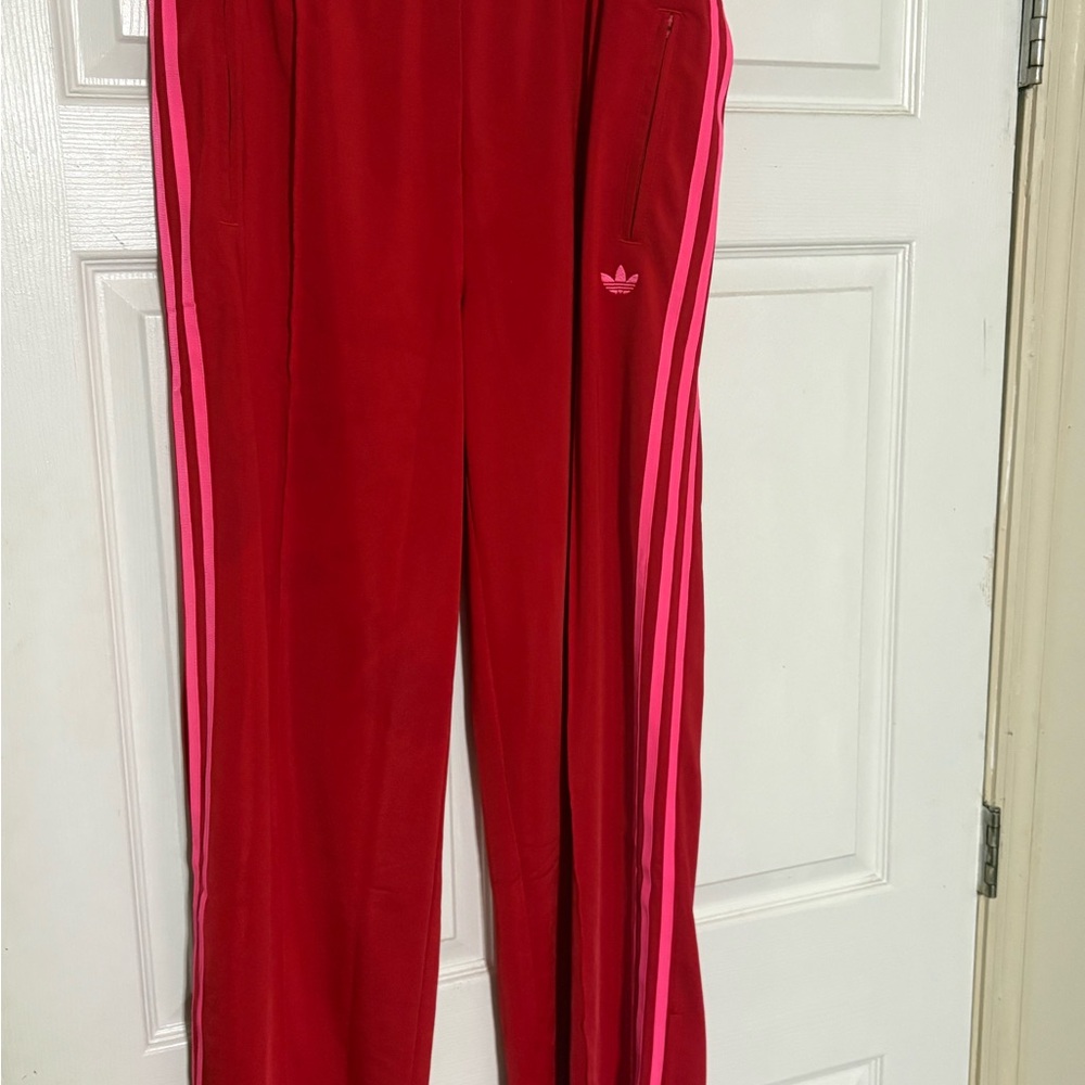 adidas Red Sweatpants with Pink Side Stripes